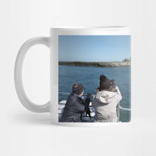 Wildlife watchers taking the Farne Island tour - Northumberland, UK Mug